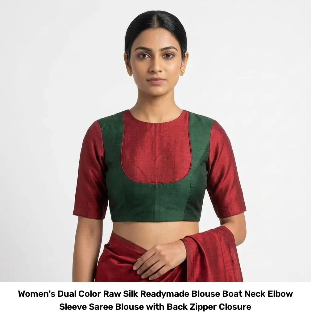 Women's Dual Color Raw Silk Readymade Blouse – Boat Neck Elbow Sleeve Saree Blouse with Back Zipper Closure 2