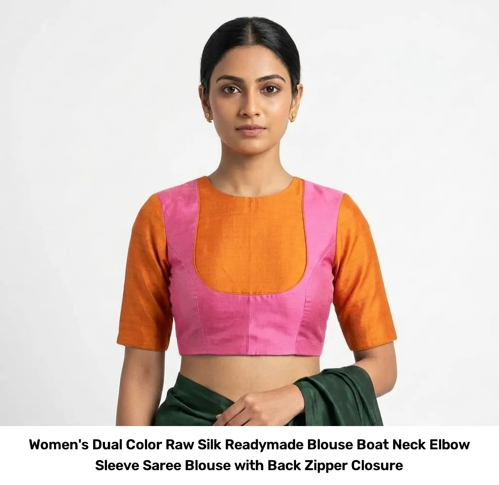 Women's Dual Color Raw Silk Readymade Blouse – Boat Neck Elbow Sleeve Saree Blouse with Back Zipper Closure 3