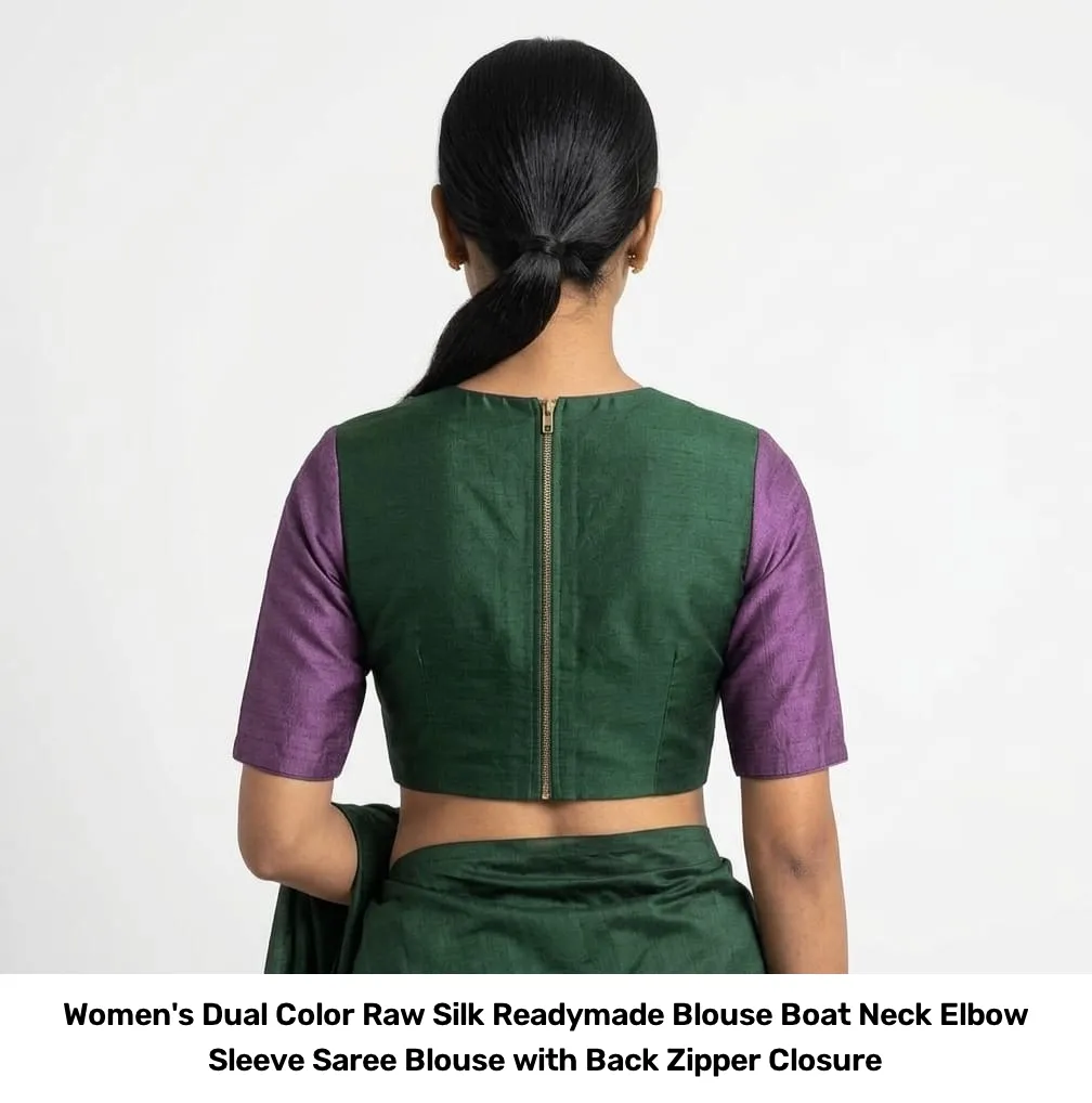 Women's Dual Color Raw Silk Readymade Blouse – Boat Neck Elbow Sleeve Saree Blouse with Back Zipper Closure 4