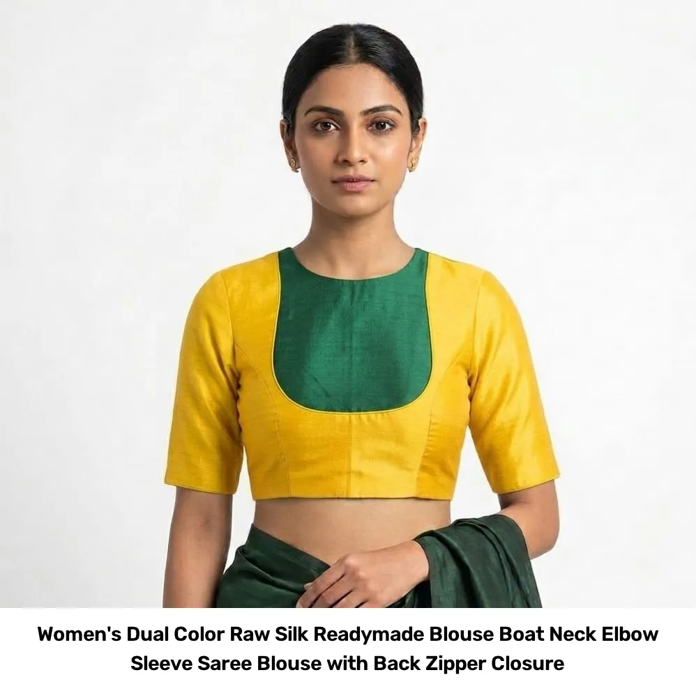 Women's Dual Color Raw Silk Readymade Blouse – Boat Neck Elbow Sleeve Saree Blouse with Back Zipper Closure 6