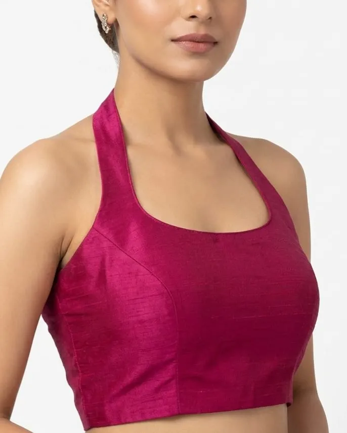 Women’s Plain Raw Silk Halter Neck Saree Blouse – Backless Partywear Readymade Blouse with Back Hooks for Weddings & Festivals