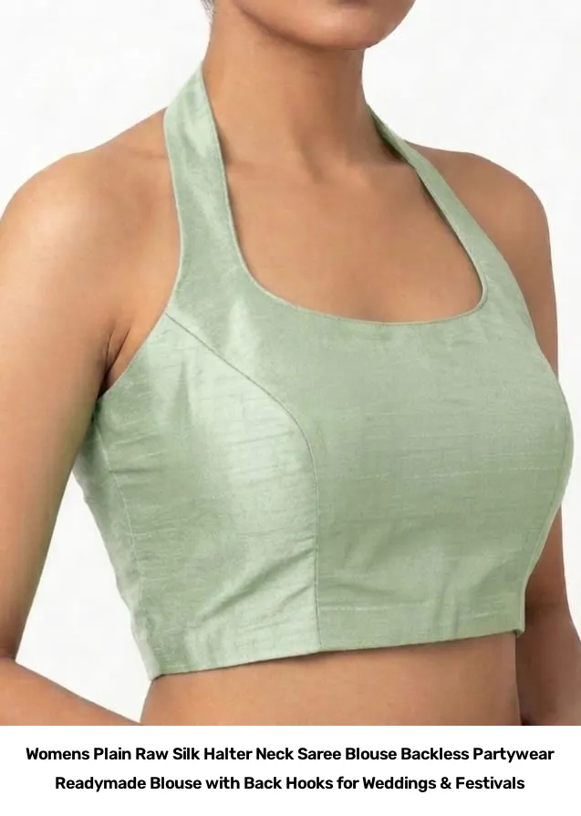 Women’s Plain Raw Silk Halter Neck Saree Blouse – Backless Partywear Readymade Blouse with Back Hooks for Weddings & Festivals 2