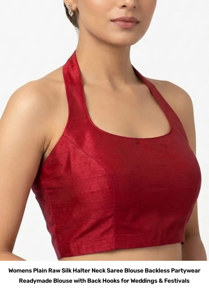 Women’s Plain Raw Silk Halter Neck Saree Blouse – Backless Partywear Readymade Blouse with Back Hooks for Weddings & Festivals 4