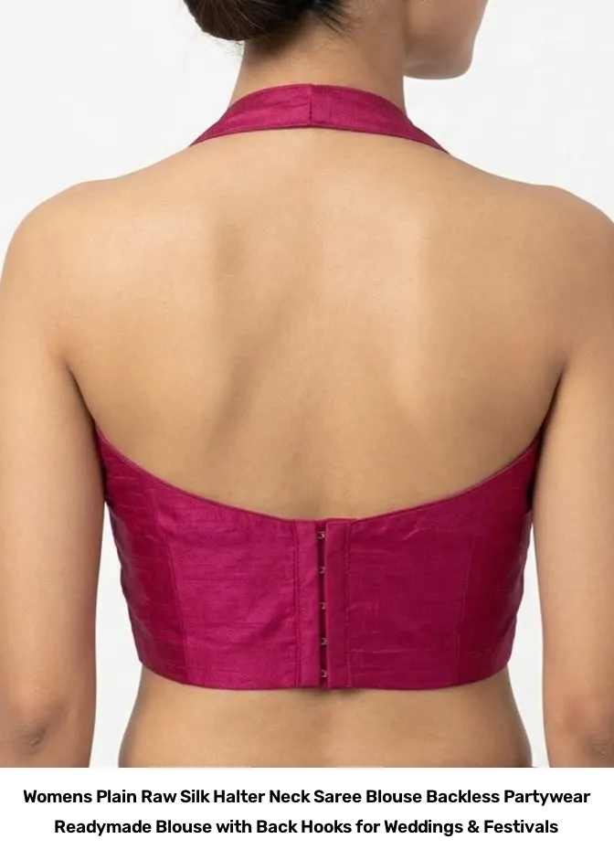 Women’s Plain Raw Silk Halter Neck Saree Blouse – Backless Partywear Readymade Blouse with Back Hooks for Weddings & Festivals 6