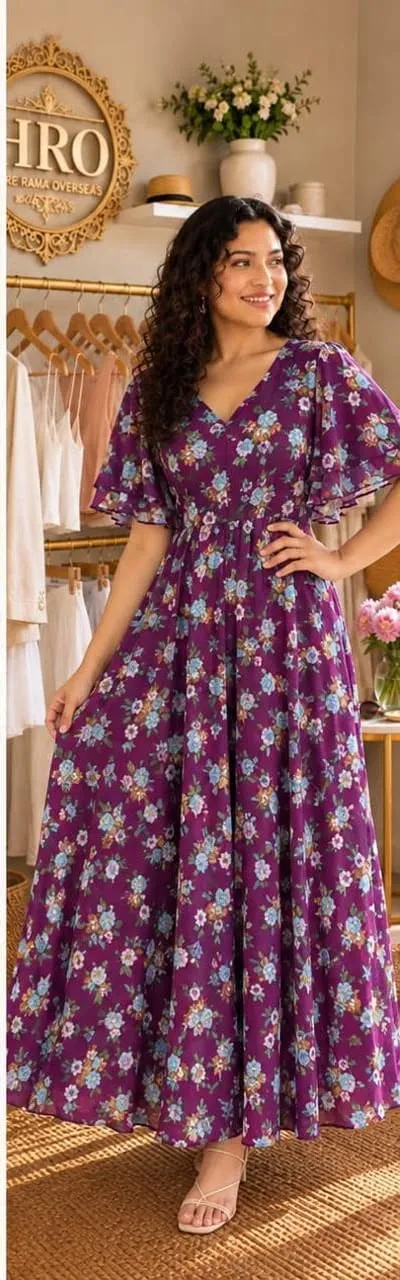 Women's Printed Georgette Flared Maxi Dress with Flutter Sleeves | Free Size Up to 46 (Bust 38–46") Casual Boho Long Gown