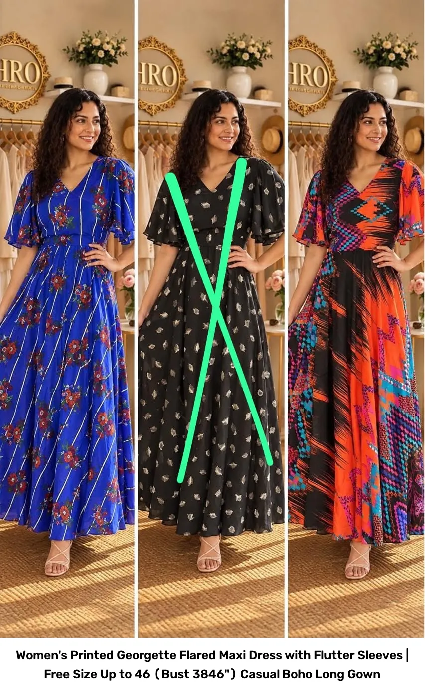 Women's Printed Georgette Flared Maxi Dress with Flutter Sleeves | Free Size Up to 46 (Bust 38–46") Casual Boho Long Gown 10