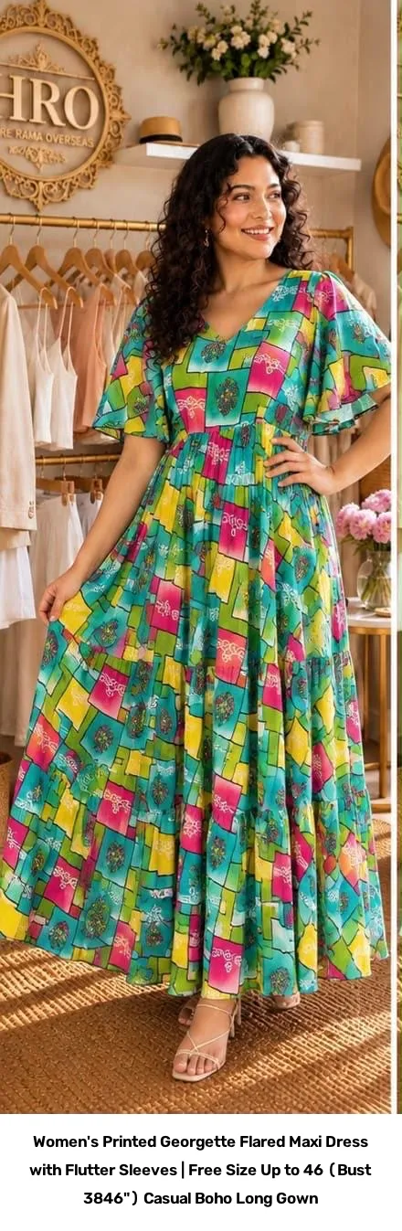 Women's Printed Georgette Flared Maxi Dress with Flutter Sleeves | Free Size Up to 46 (Bust 38–46") Casual Boho Long Gown 11