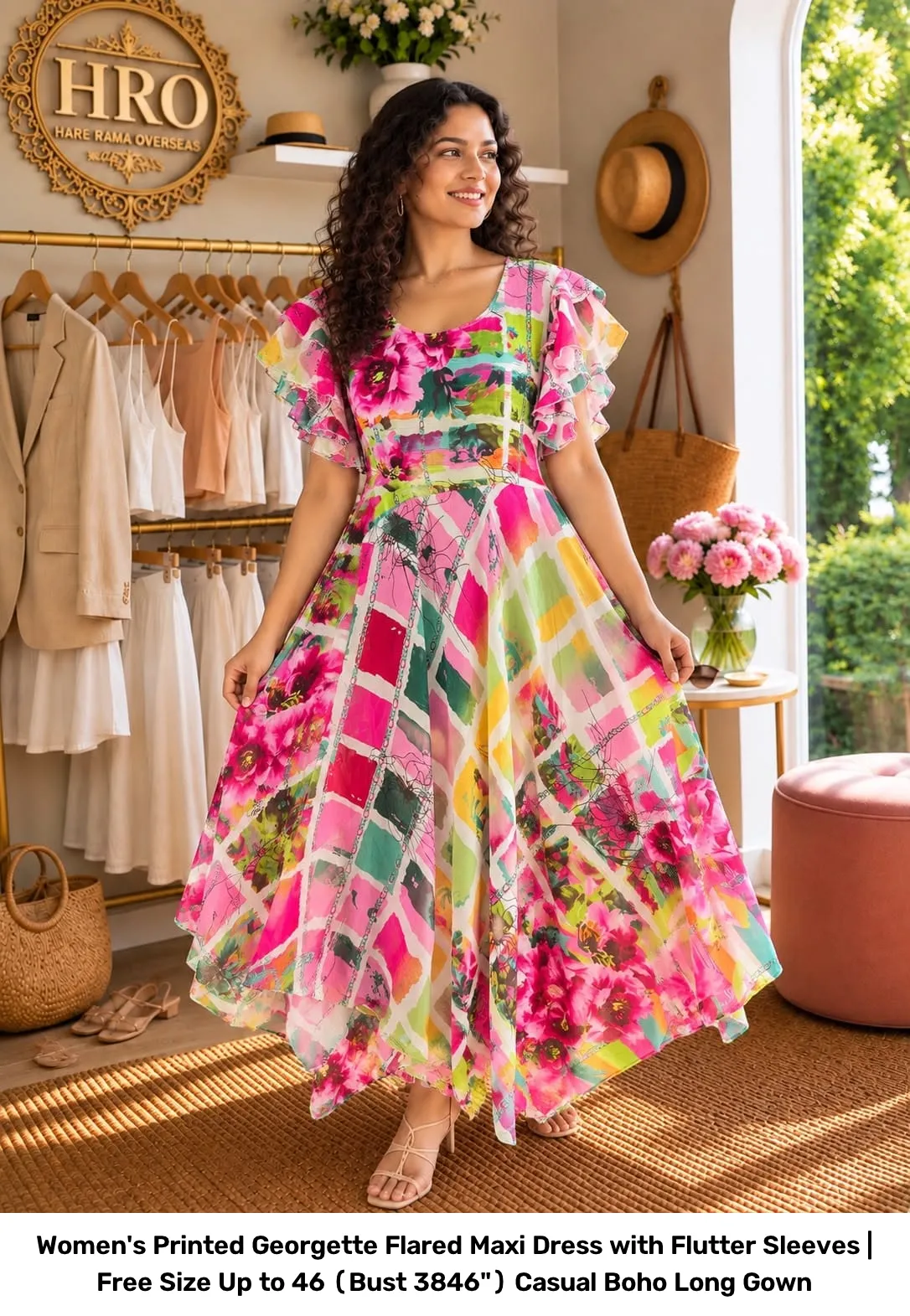 Women's Printed Georgette Flared Maxi Dress with Flutter Sleeves | Free Size Up to 46 (Bust 38–46") Casual Boho Long Gown 12