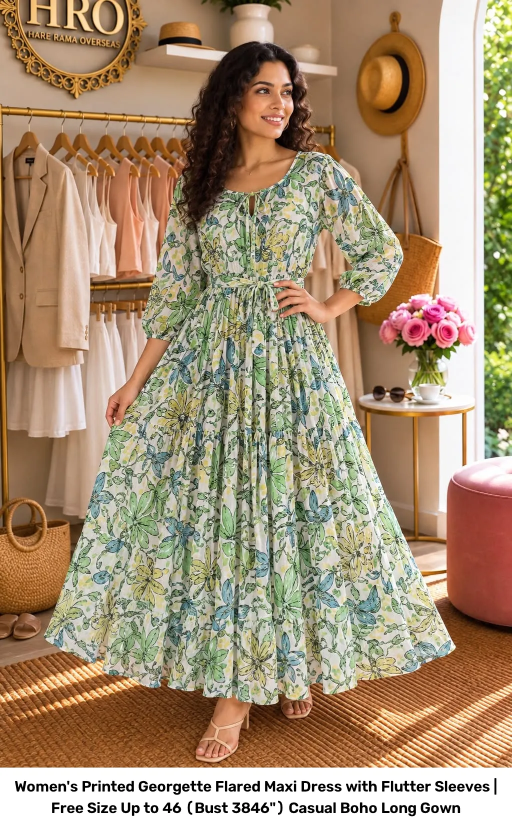 Women's Printed Georgette Flared Maxi Dress with Flutter Sleeves | Free Size Up to 46 (Bust 38–46") Casual Boho Long Gown 13