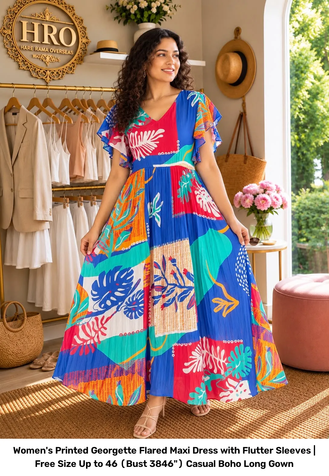 Women's Printed Georgette Flared Maxi Dress with Flutter Sleeves | Free Size Up to 46 (Bust 38–46") Casual Boho Long Gown 14