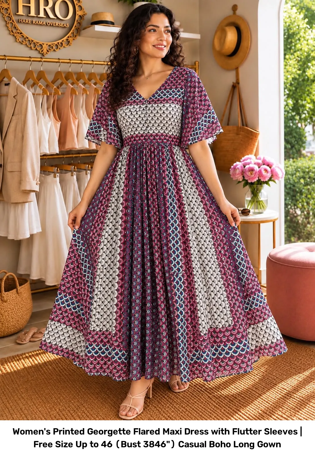Women's Printed Georgette Flared Maxi Dress with Flutter Sleeves | Free Size Up to 46 (Bust 38–46") Casual Boho Long Gown 15