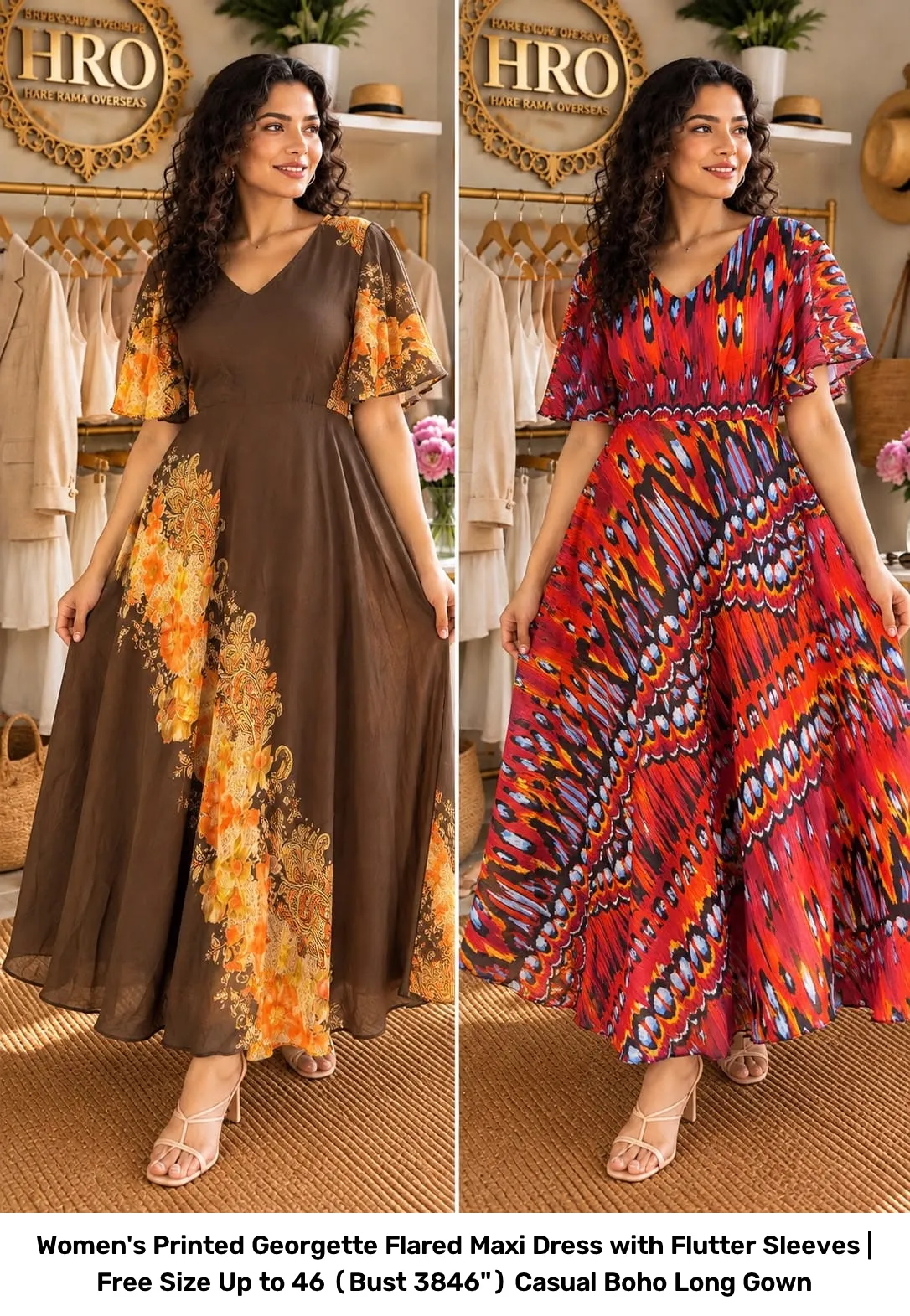 Women's Printed Georgette Flared Maxi Dress with Flutter Sleeves | Free Size Up to 46 (Bust 38–46") Casual Boho Long Gown 16