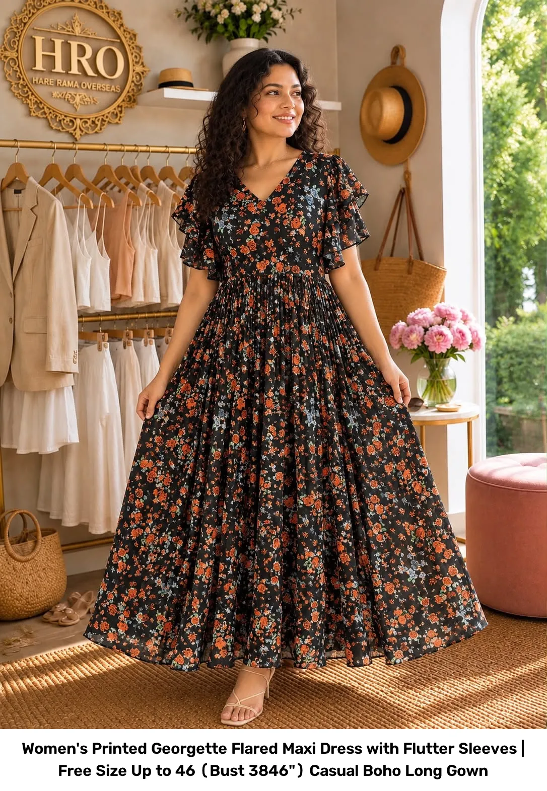 Women's Printed Georgette Flared Maxi Dress with Flutter Sleeves | Free Size Up to 46 (Bust 38–46") Casual Boho Long Gown 2