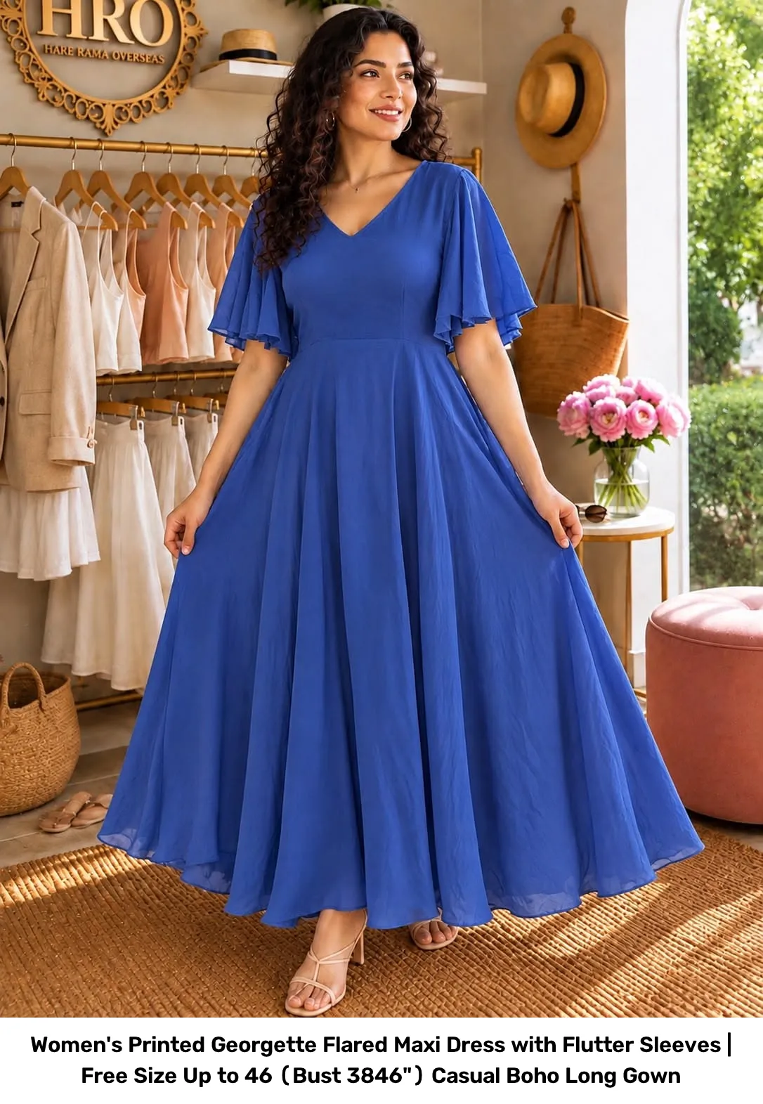 Women's Printed Georgette Flared Maxi Dress with Flutter Sleeves | Free Size Up to 46 (Bust 38–46") Casual Boho Long Gown 3