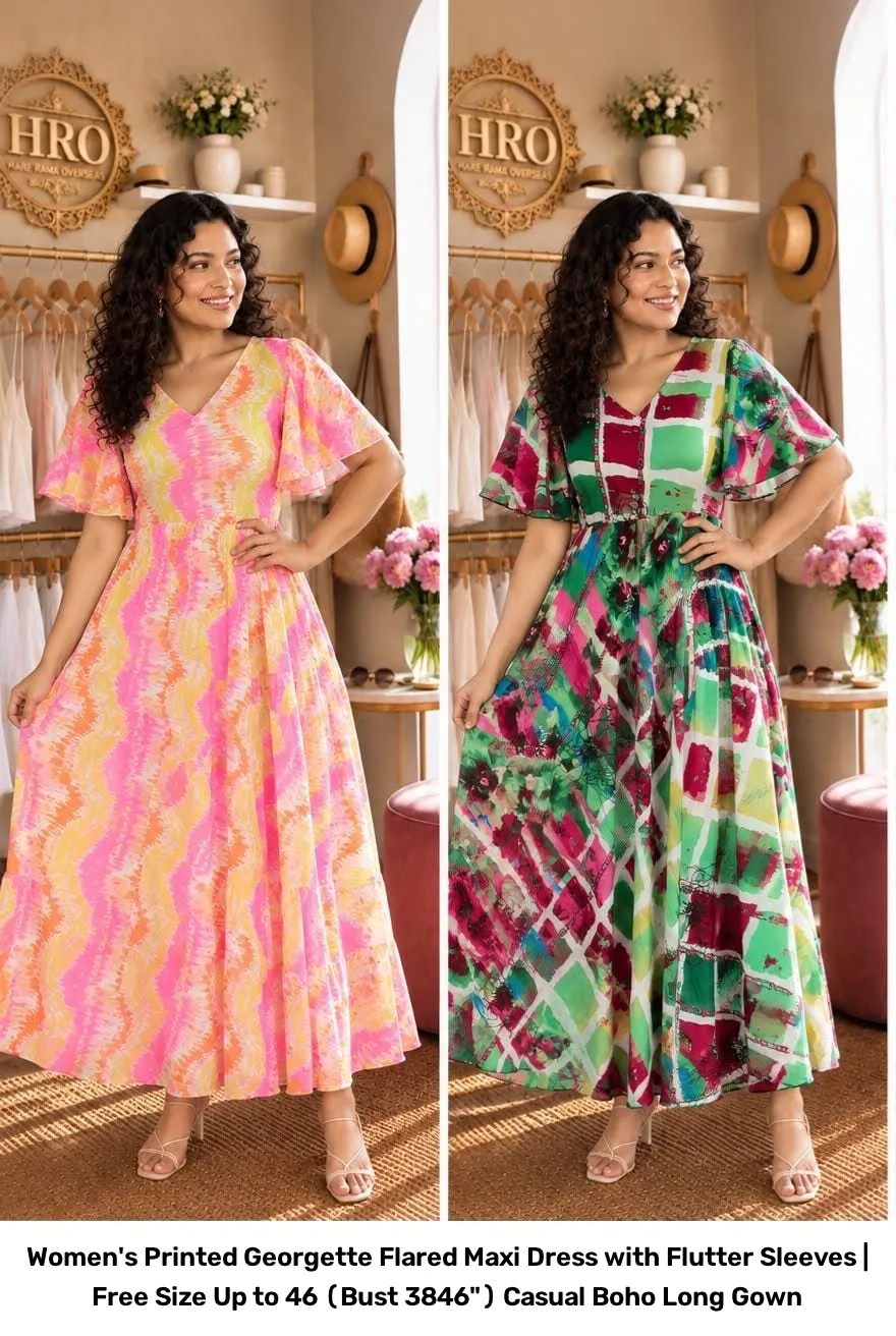 Women's Printed Georgette Flared Maxi Dress with Flutter Sleeves | Free Size Up to 46 (Bust 38–46") Casual Boho Long Gown 4