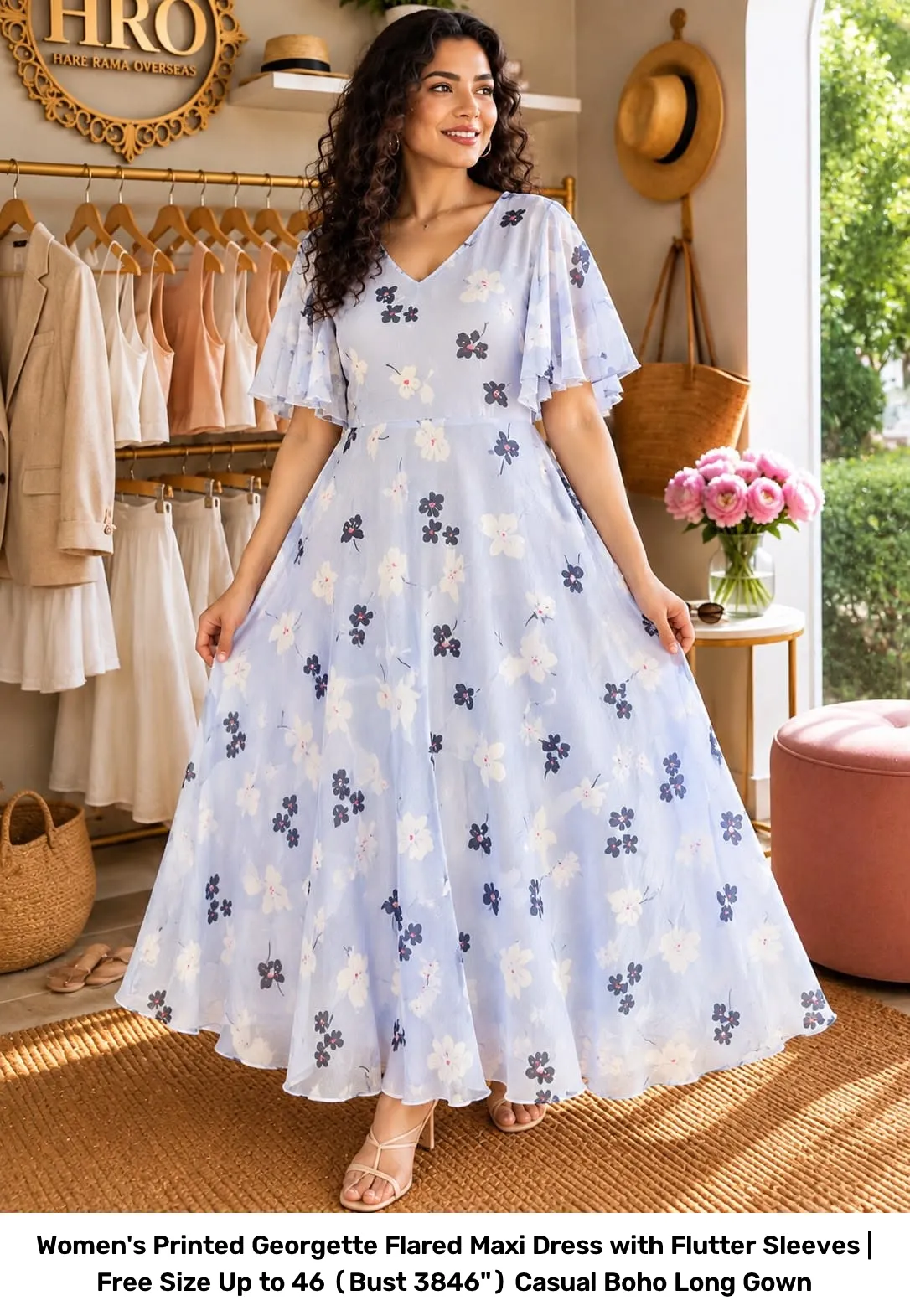 Women's Printed Georgette Flared Maxi Dress with Flutter Sleeves | Free Size Up to 46 (Bust 38–46") Casual Boho Long Gown 5