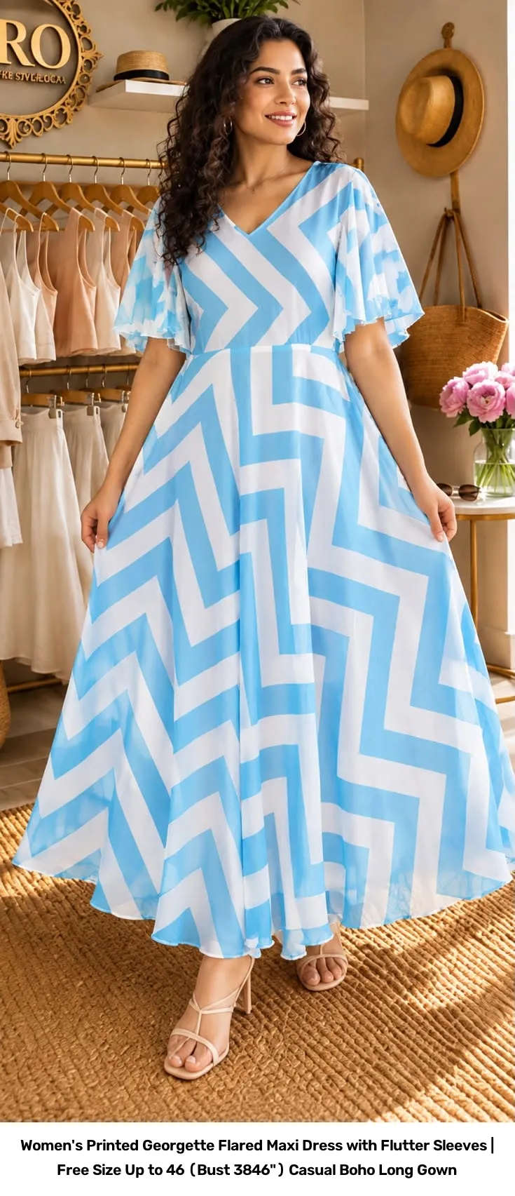 Women's Printed Georgette Flared Maxi Dress with Flutter Sleeves | Free Size Up to 46 (Bust 38–46") Casual Boho Long Gown 6