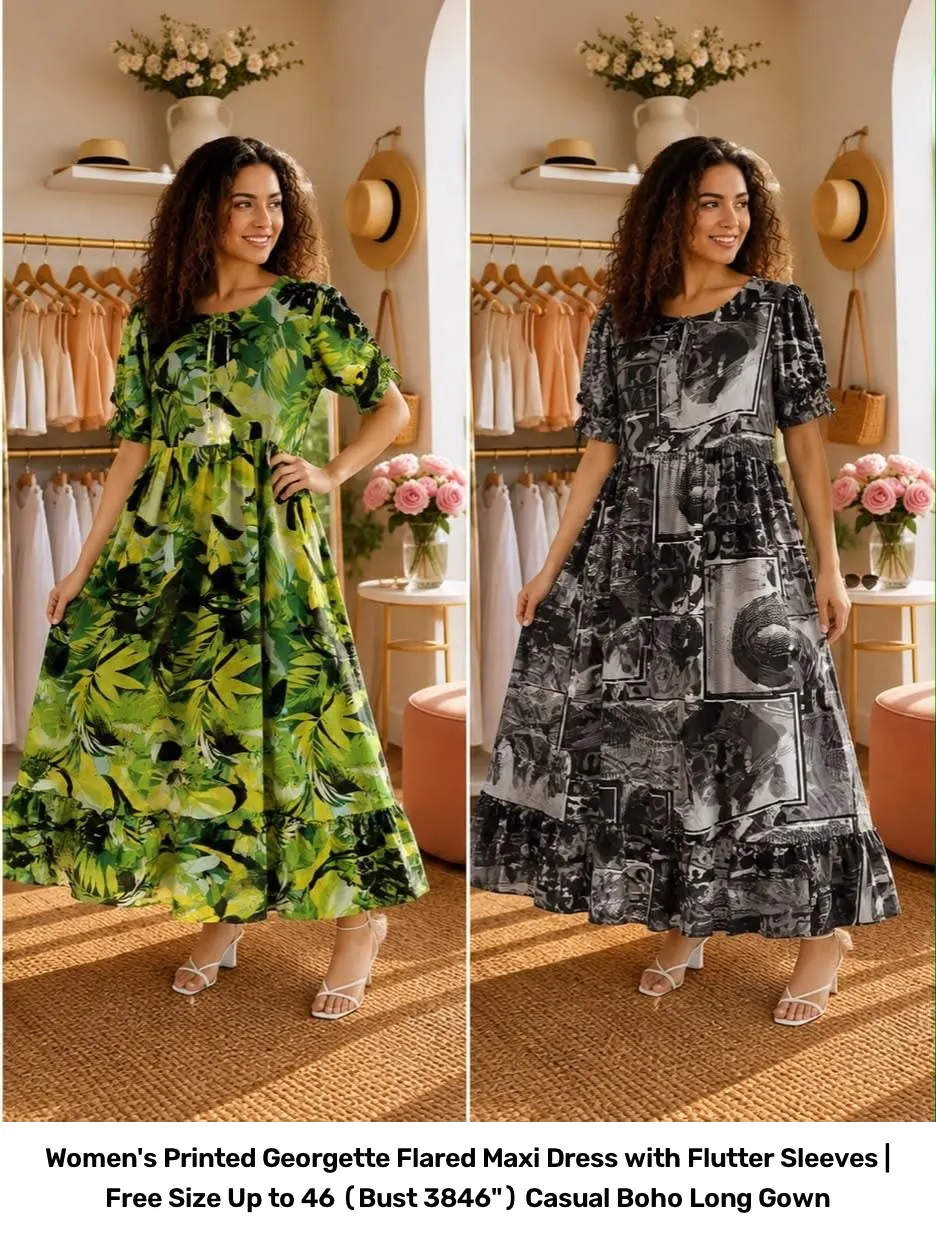 Women's Printed Georgette Flared Maxi Dress with Flutter Sleeves | Free Size Up to 46 (Bust 38–46") Casual Boho Long Gown 7