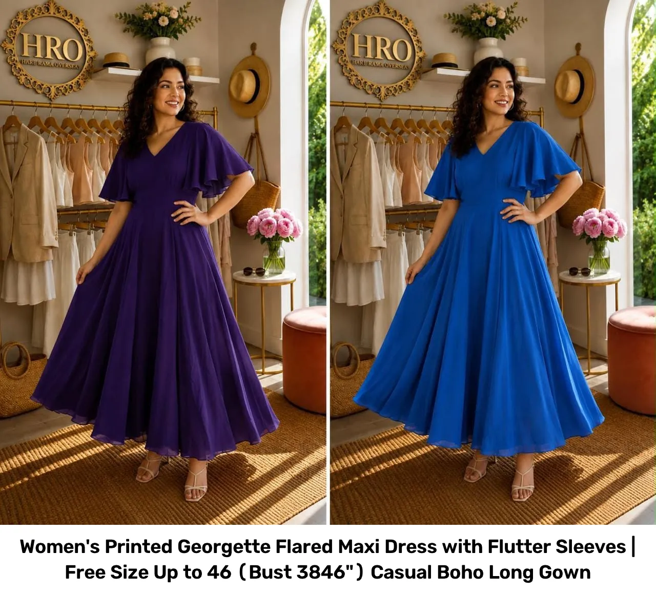 Women's Printed Georgette Flared Maxi Dress with Flutter Sleeves | Free Size Up to 46 (Bust 38–46") Casual Boho Long Gown 8