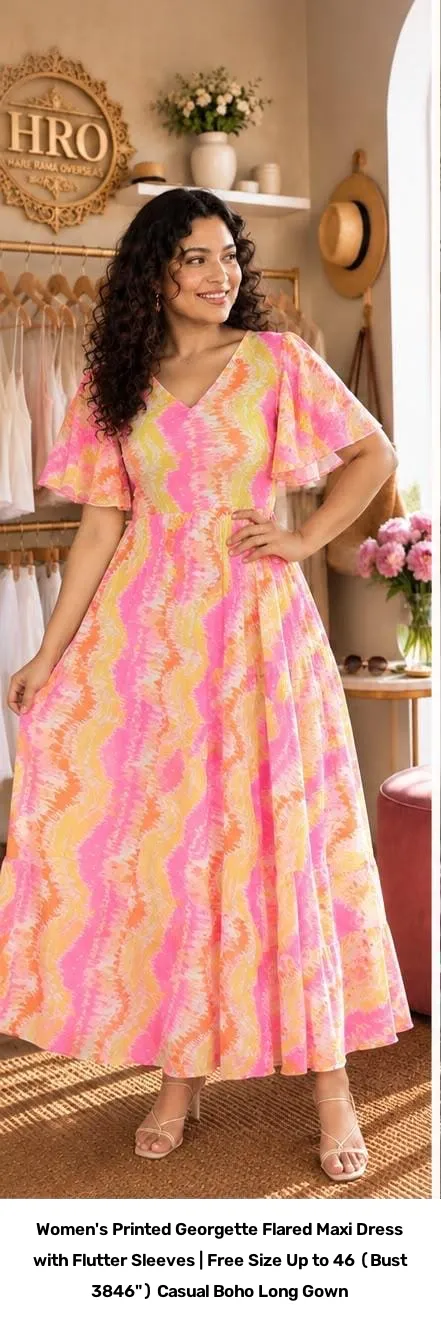 Women's Printed Georgette Flared Maxi Dress with Flutter Sleeves | Free Size Up to 46 (Bust 38–46") Casual Boho Long Gown 9