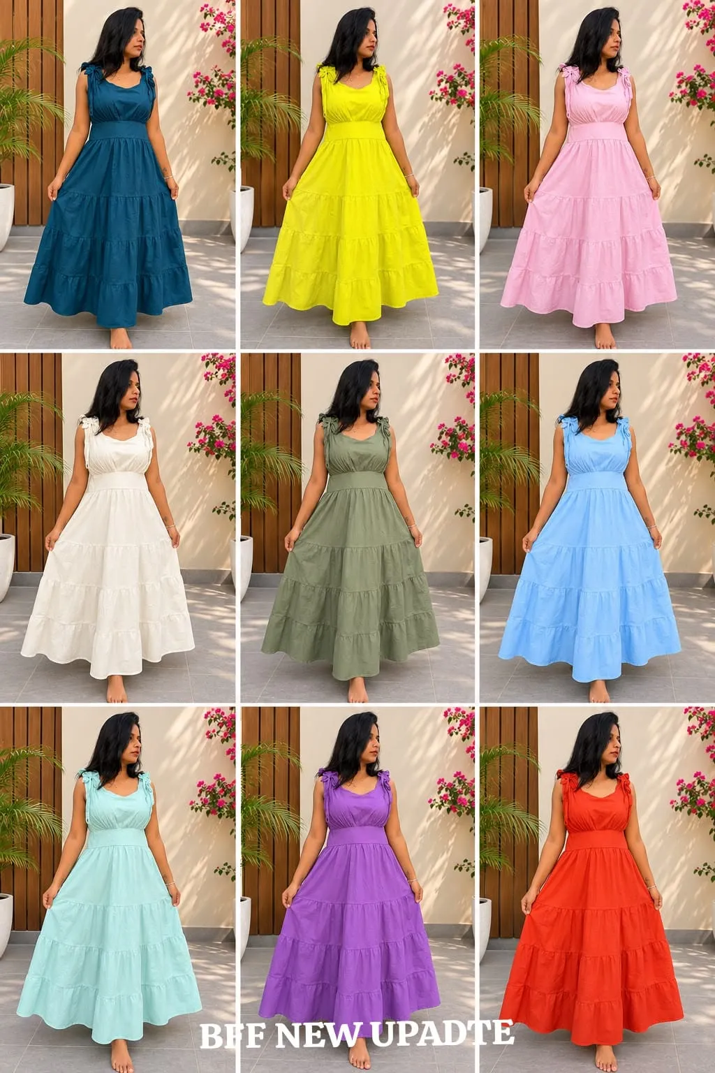Women's Pure Cotton Poplin Tiered Flare Dress | Shoulder Tie-Up Long Frock
