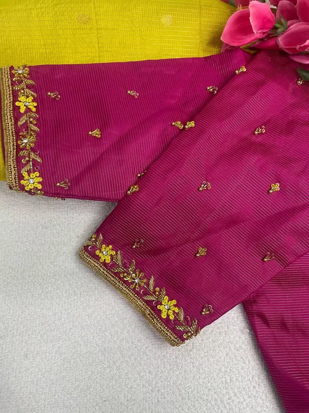 Women's Ready to Wear Silk Saree Blouse – Intricate Floral Handwork Square Neck Designer Choli 1