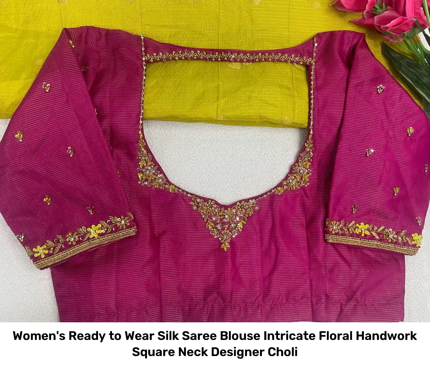 Women's Ready to Wear Silk Saree Blouse – Intricate Floral Handwork Square Neck Designer Choli 2