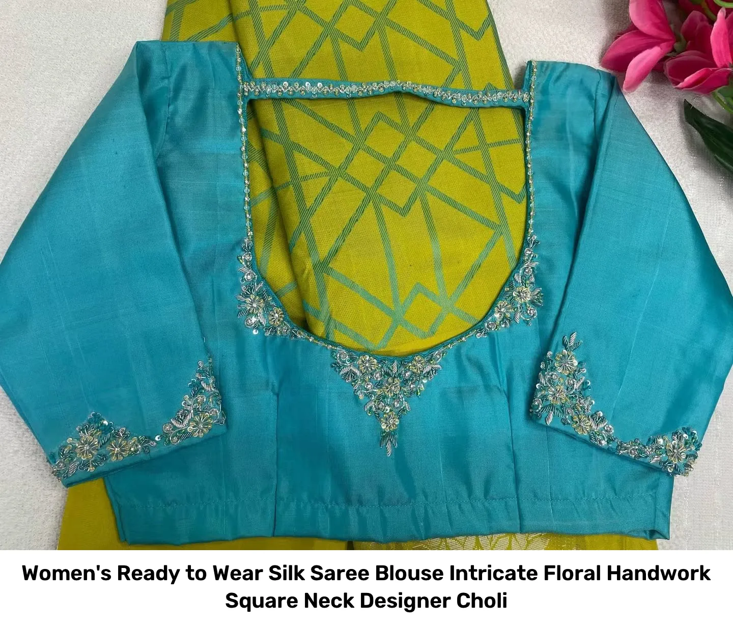 Women's Ready to Wear Silk Saree Blouse – Intricate Floral Handwork Square Neck Designer Choli 3