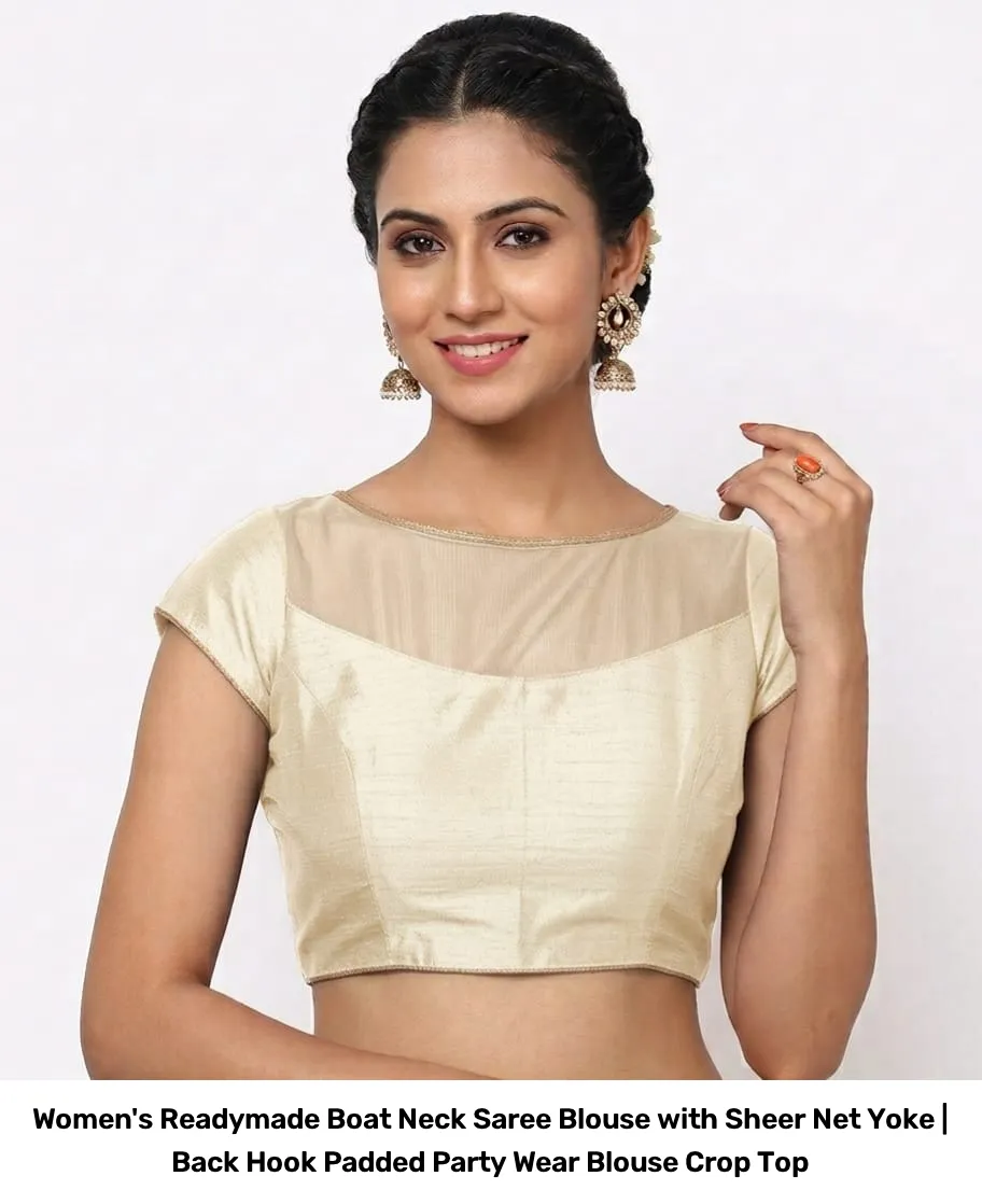 Women's Readymade Boat Neck Saree Blouse with Sheer Net Yoke | Back Hook Padded Party Wear Blouse Crop Top 3