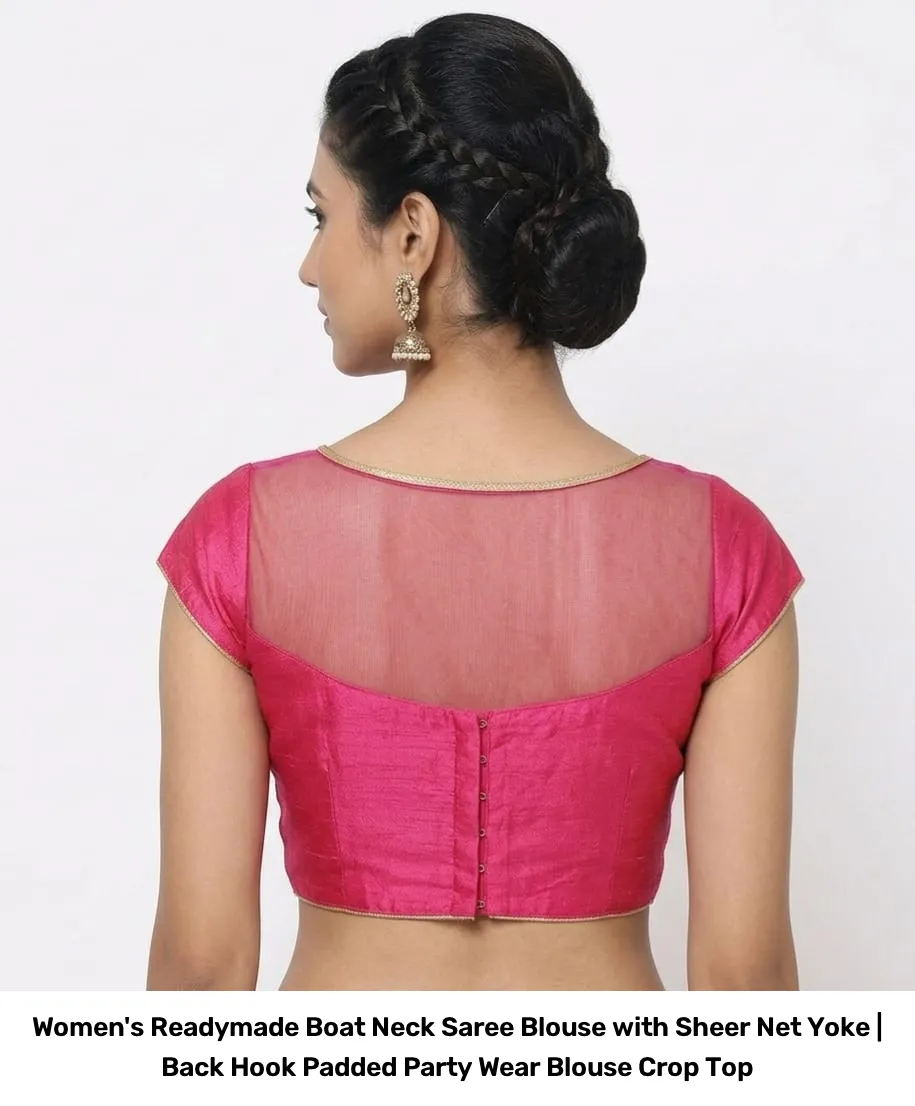 Women's Readymade Boat Neck Saree Blouse with Sheer Net Yoke | Back Hook Padded Party Wear Blouse Crop Top 4