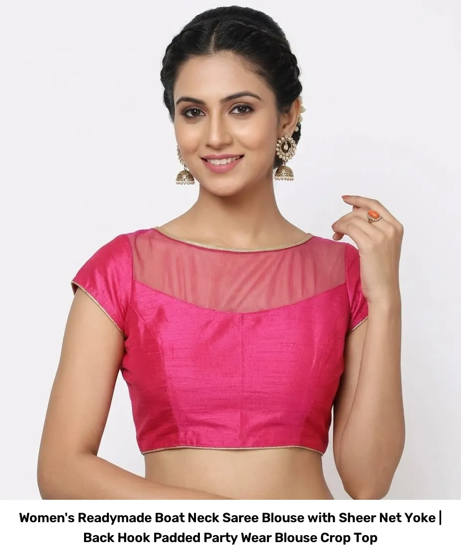 Women's Readymade Boat Neck Saree Blouse with Sheer Net Yoke | Back Hook Padded Party Wear Blouse Crop Top 5