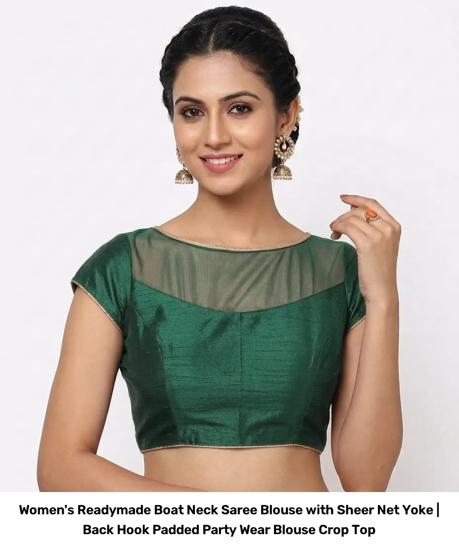 Women's Readymade Boat Neck Saree Blouse with Sheer Net Yoke | Back Hook Padded Party Wear Blouse Crop Top 6
