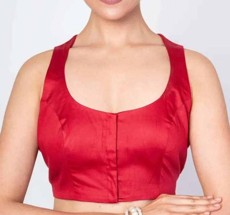 Women's Readymade Raw Silk Blouse for Sarees & Lehengas | Padded Sleeveless Scoop Sweetheart Neck Partywear Blouse (Red) 1