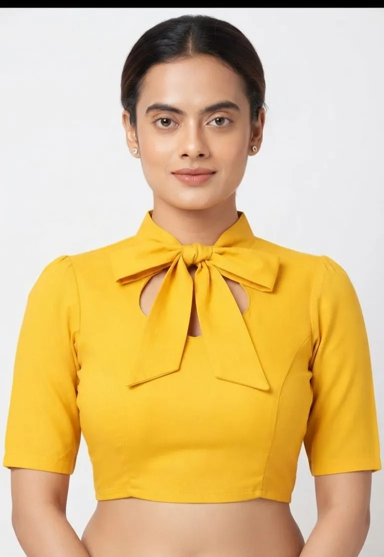 Women’s Readymade Silk Blend Bow-Tie Neck Saree Blouse – Stylish High Collar Ethnic Party Wear