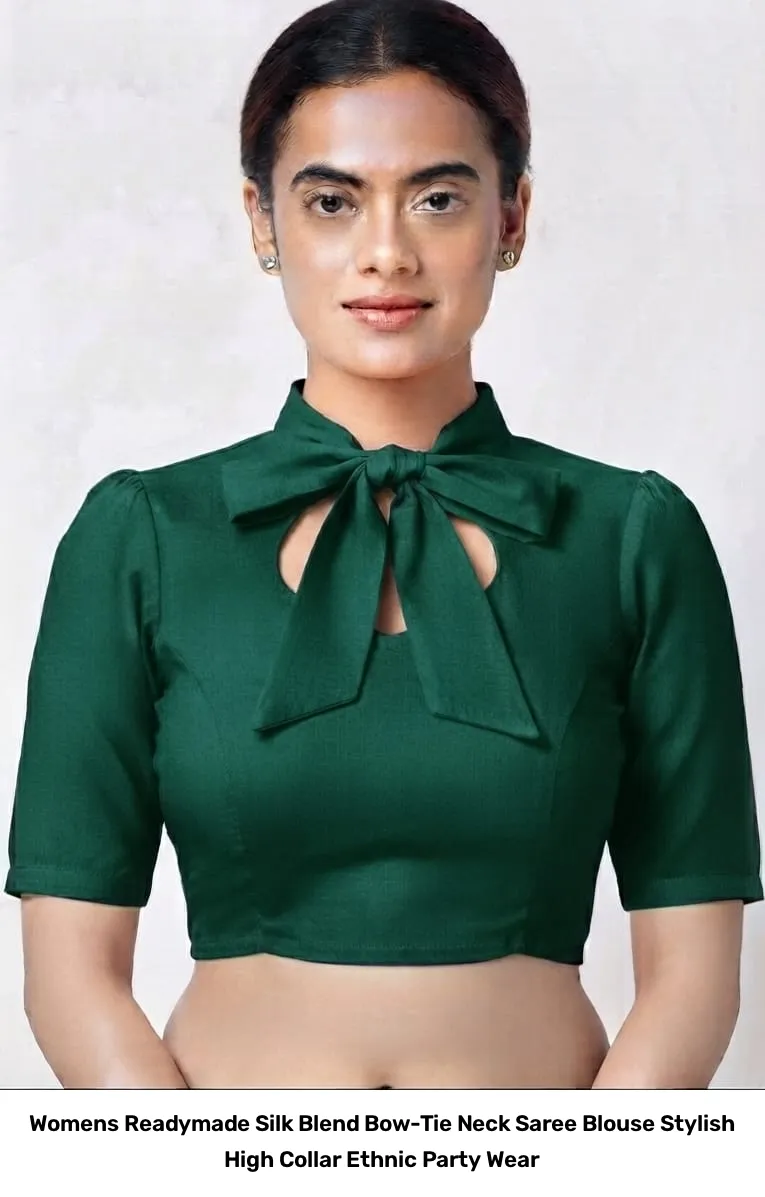 Women’s Readymade Silk Blend Bow-Tie Neck Saree Blouse – Stylish High Collar Ethnic Party Wear 2