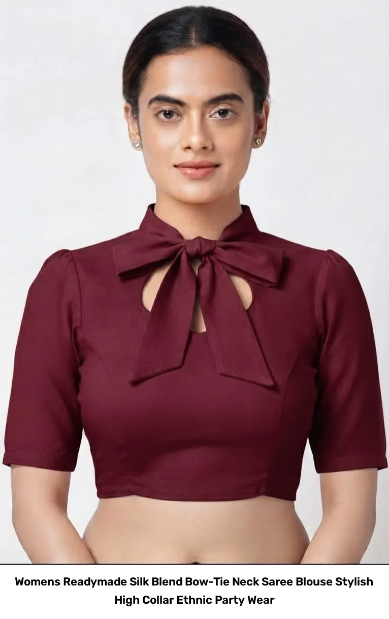 Women’s Readymade Silk Blend Bow-Tie Neck Saree Blouse – Stylish High Collar Ethnic Party Wear 3