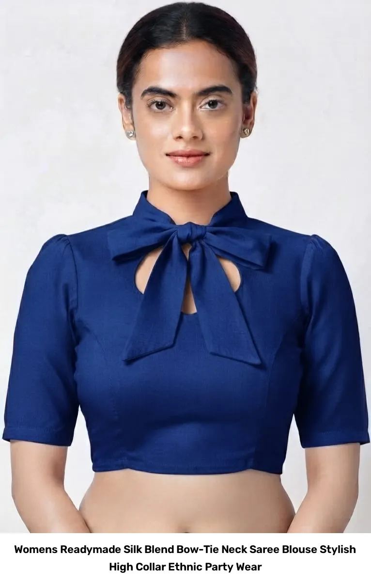 Women’s Readymade Silk Blend Bow-Tie Neck Saree Blouse – Stylish High Collar Ethnic Party Wear 5