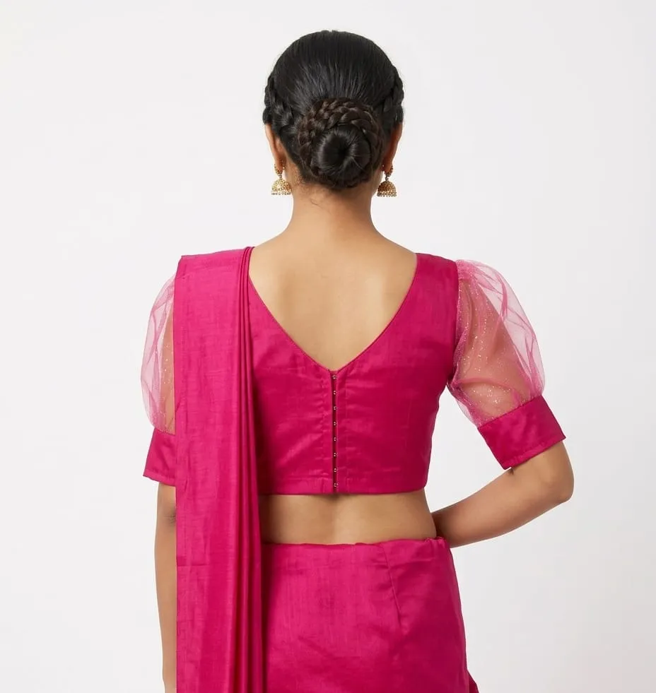 Women's Readymade V-Neck Saree Blouse with Net Puff Sleeves | Back Hook Party Wear Crop Top Blouse