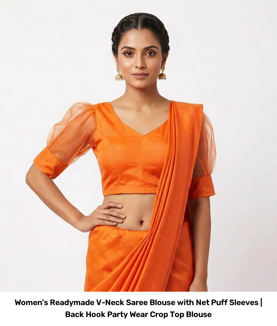 Women's Readymade V-Neck Saree Blouse with Net Puff Sleeves | Back Hook Party Wear Crop Top Blouse 2