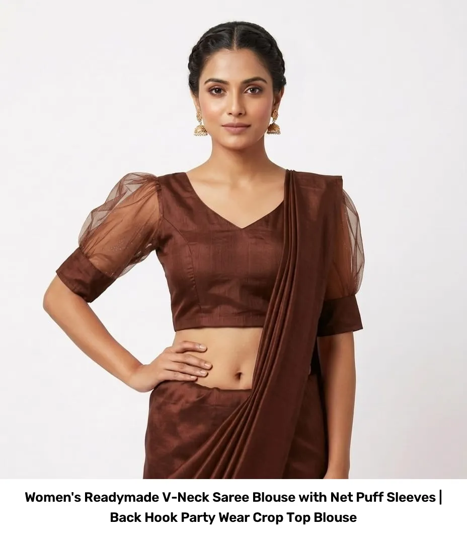 Women's Readymade V-Neck Saree Blouse with Net Puff Sleeves | Back Hook Party Wear Crop Top Blouse 3