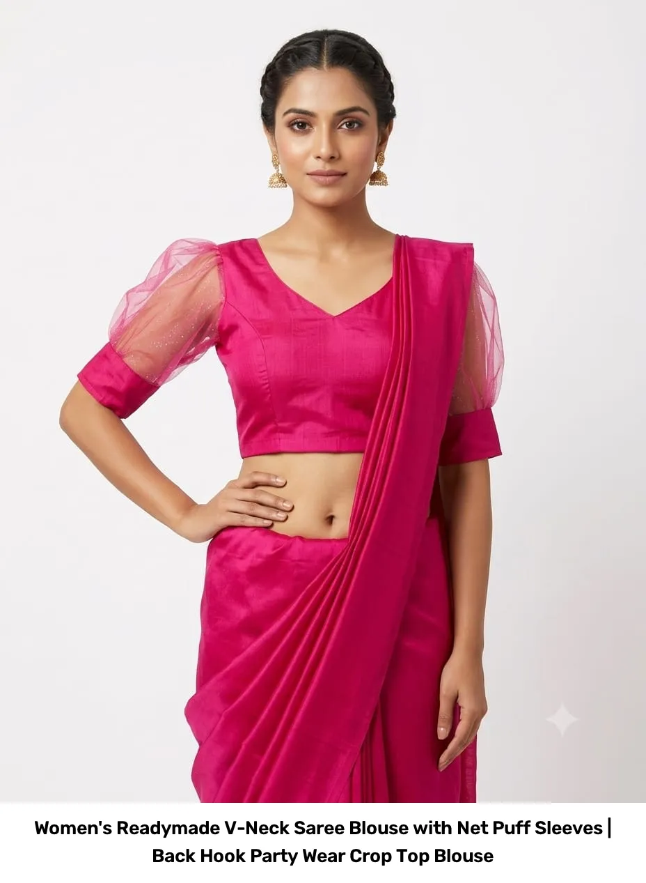 Women's Readymade V-Neck Saree Blouse with Net Puff Sleeves | Back Hook Party Wear Crop Top Blouse 6
