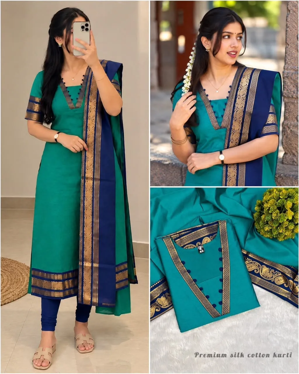 Women's Silk Cotton Festival Wear Kurti Set with Contrast Zari Weaving Dupatta | S to 3XL