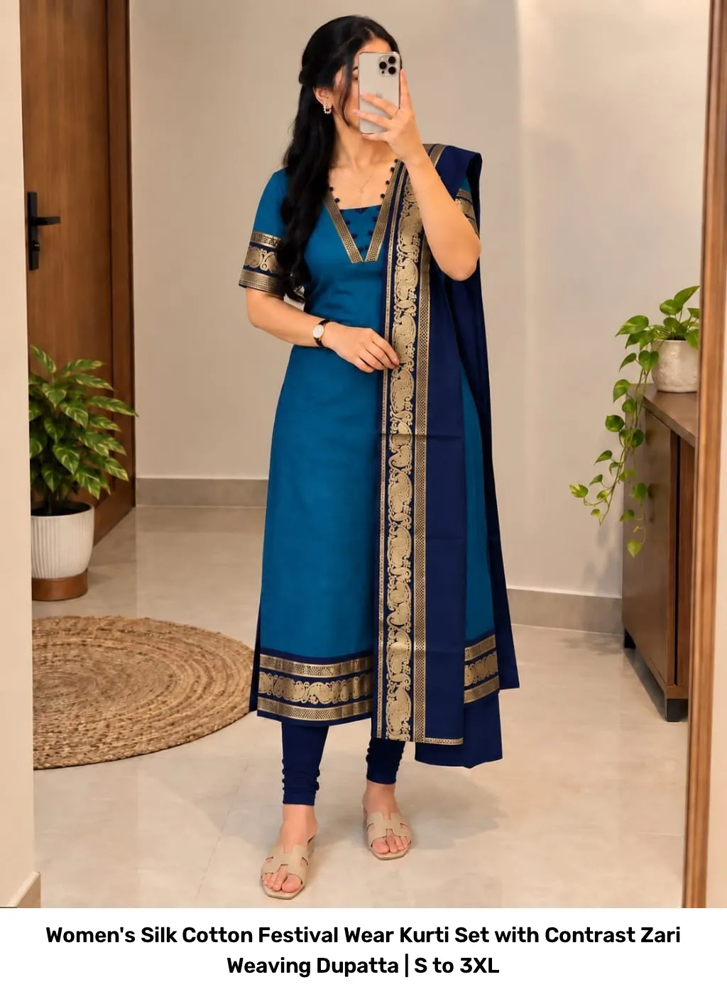 Women's Silk Cotton Festival Wear Kurti Set with Contrast Zari Weaving Dupatta | S to 3XL 10