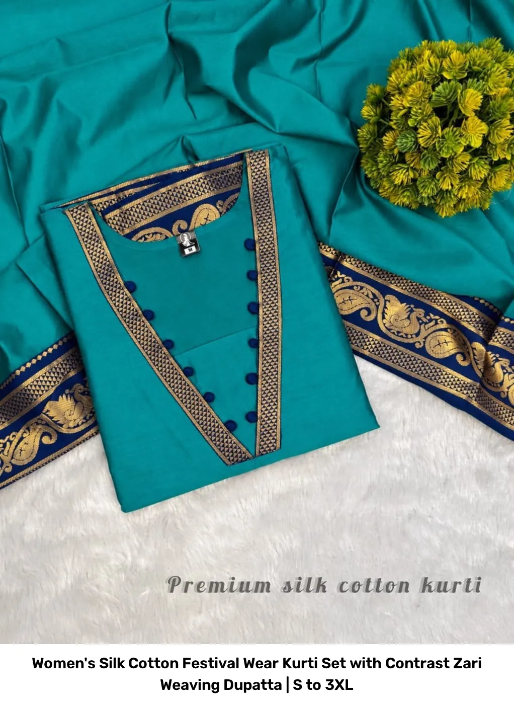Women's Silk Cotton Festival Wear Kurti Set with Contrast Zari Weaving Dupatta | S to 3XL 11