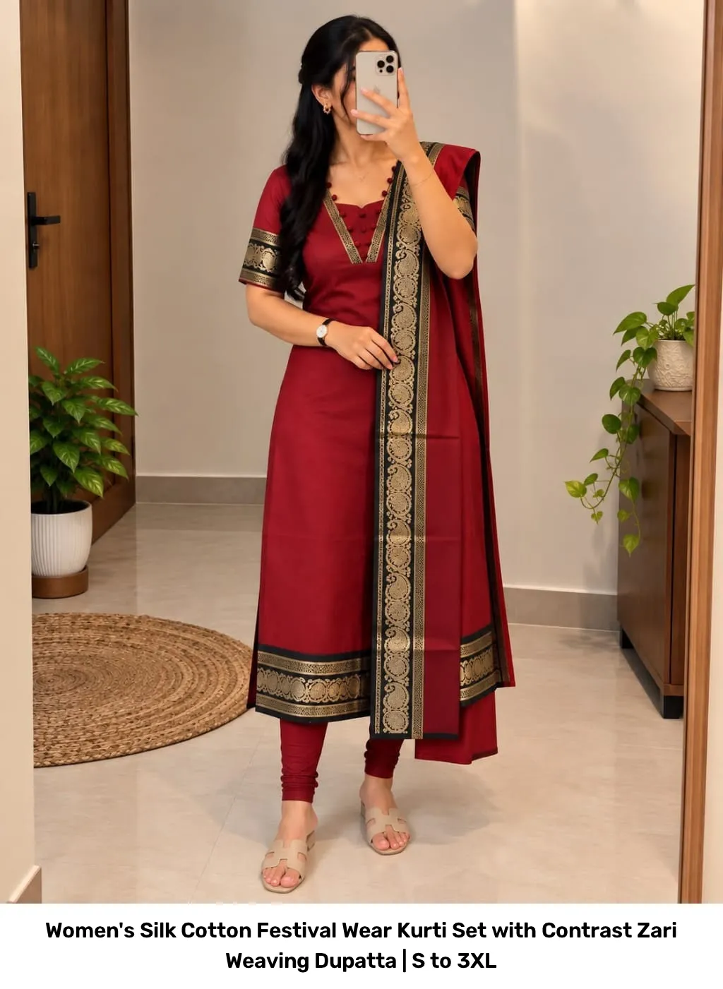 Women's Silk Cotton Festival Wear Kurti Set with Contrast Zari Weaving Dupatta | S to 3XL 12