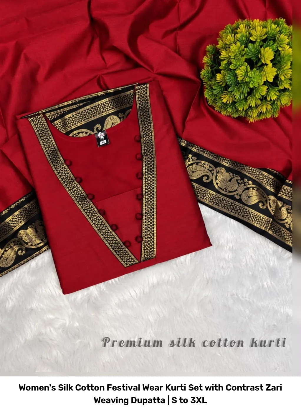 Women's Silk Cotton Festival Wear Kurti Set with Contrast Zari Weaving Dupatta | S to 3XL 13