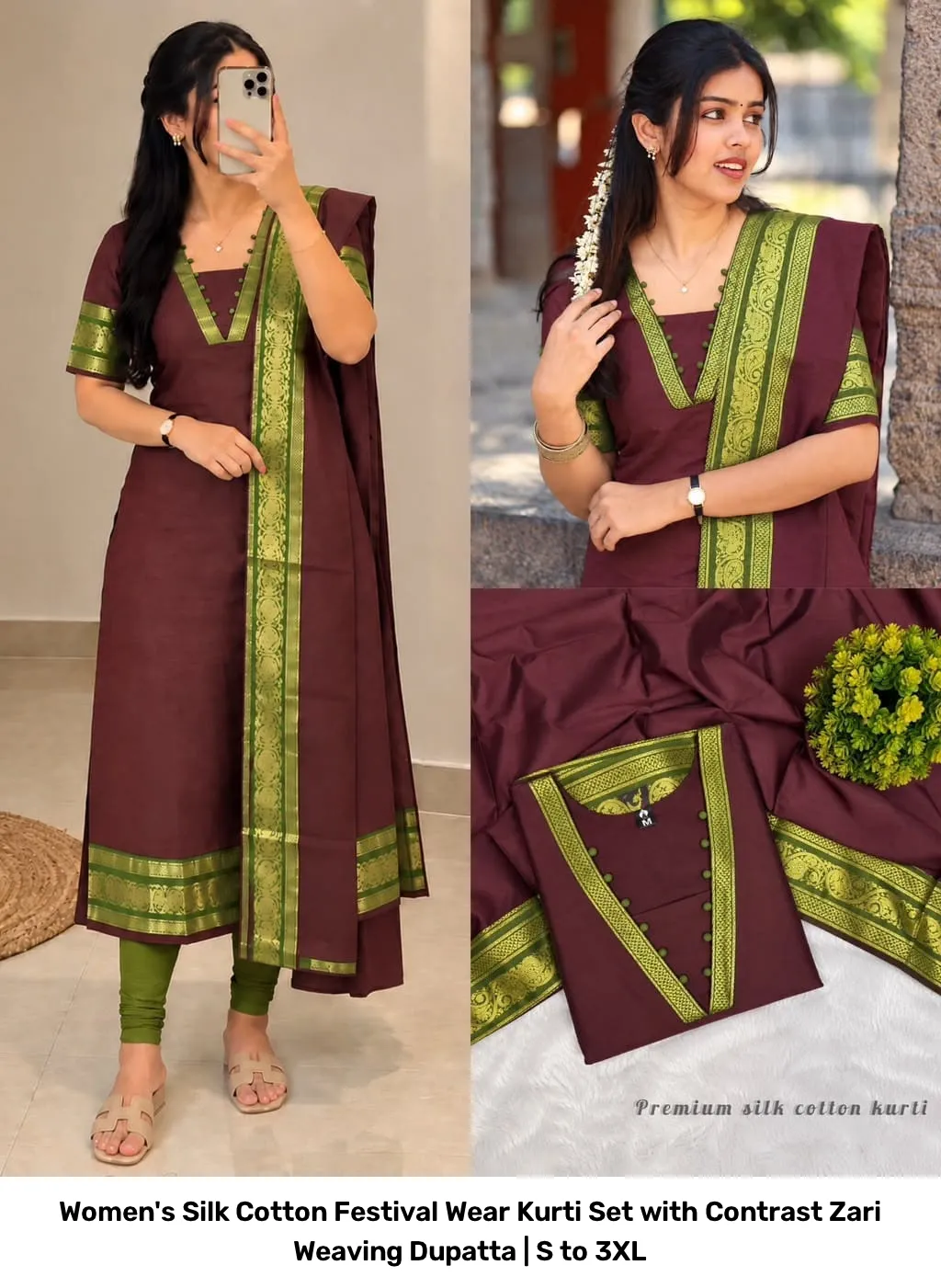 Women's Silk Cotton Festival Wear Kurti Set with Contrast Zari Weaving Dupatta | S to 3XL 14