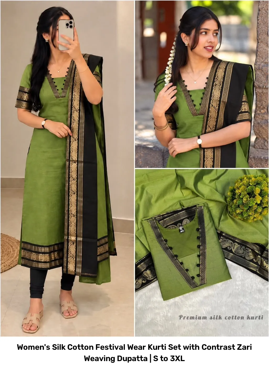 Women's Silk Cotton Festival Wear Kurti Set with Contrast Zari Weaving Dupatta | S to 3XL 15