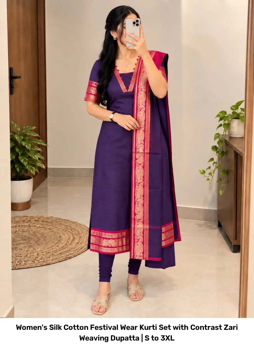 Women's Silk Cotton Festival Wear Kurti Set with Contrast Zari Weaving Dupatta | S to 3XL 16