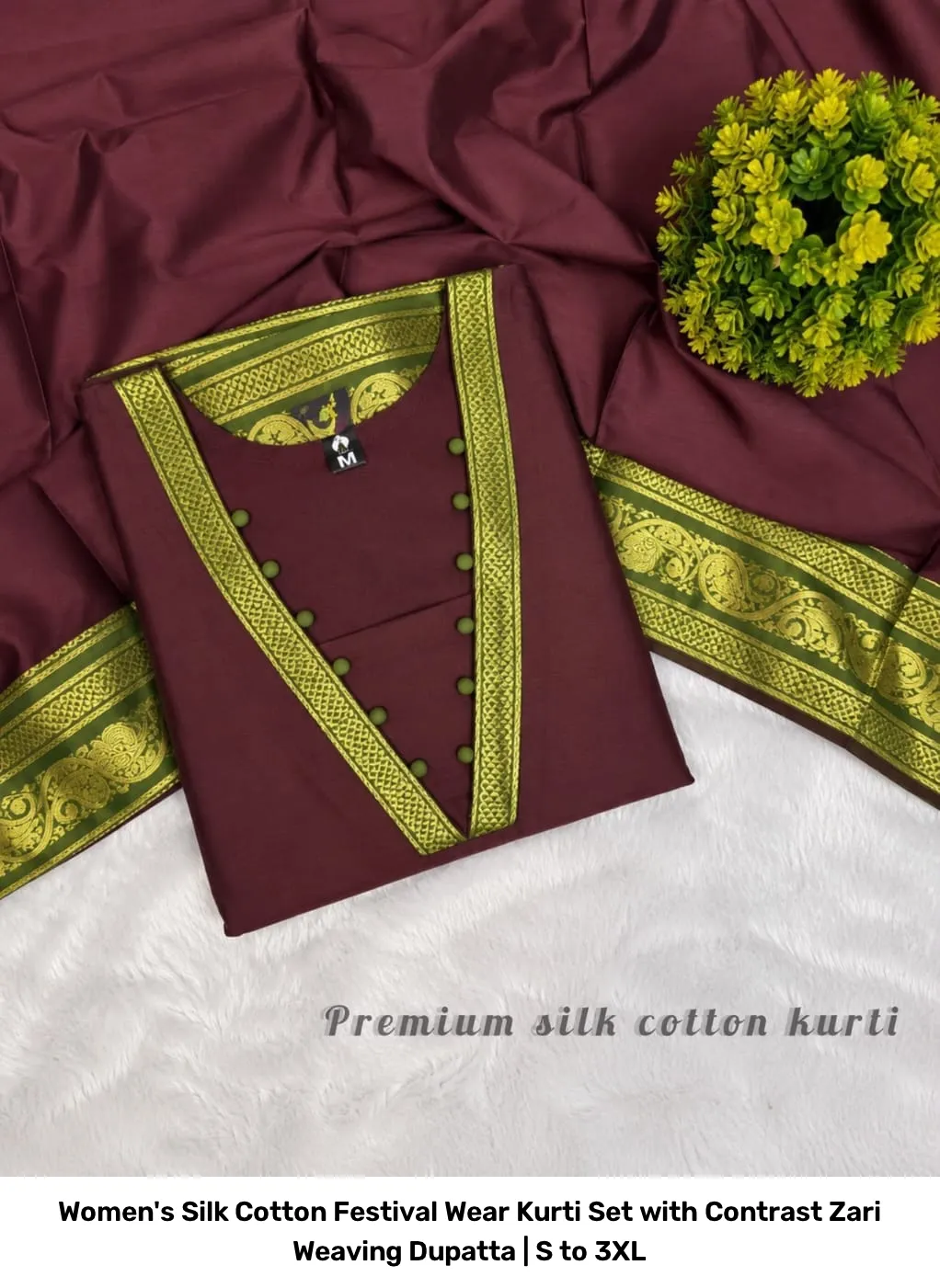 Women's Silk Cotton Festival Wear Kurti Set with Contrast Zari Weaving Dupatta | S to 3XL 18